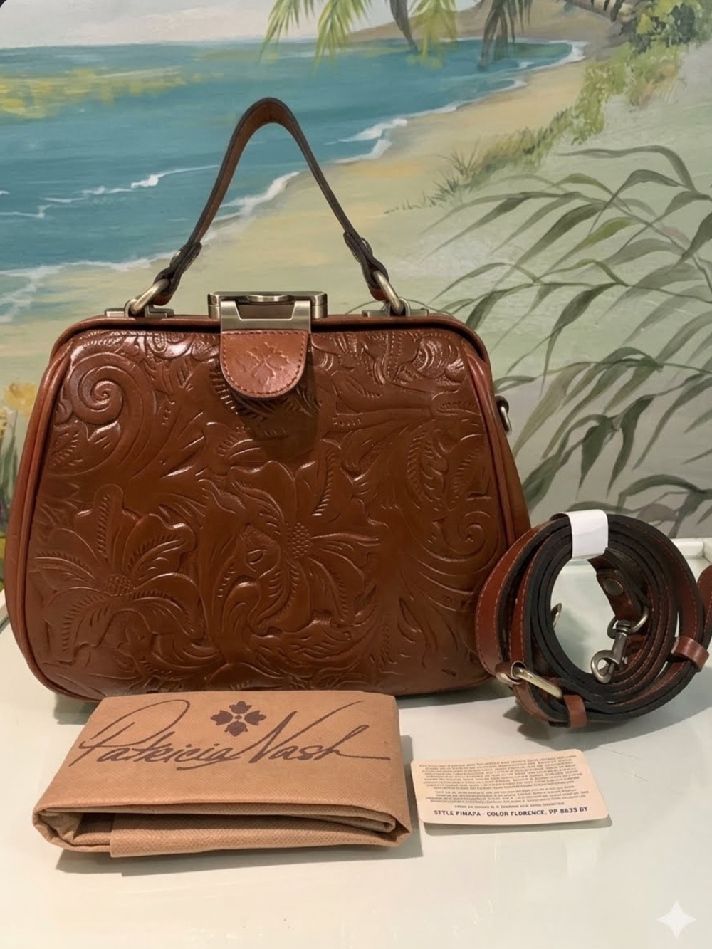NWOT Patricia Nash Gracchi Tooled Leather Frame Brown Satchel/Crossbody.